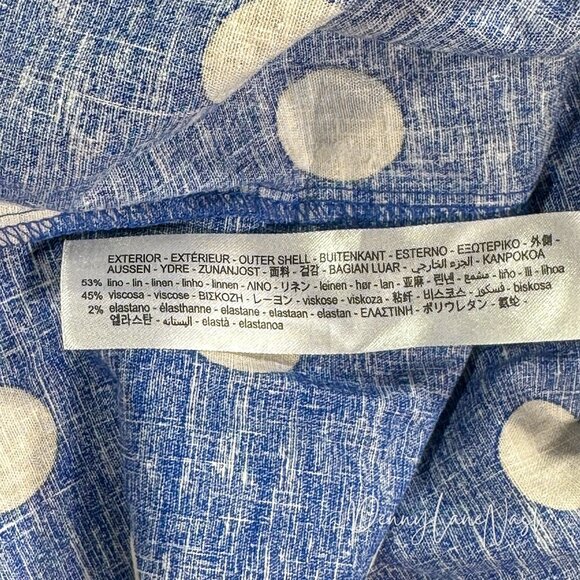 Zara Linen Blend Polka Dot Ruched Midi Dress Blue/Tan - Picture 5 of 13